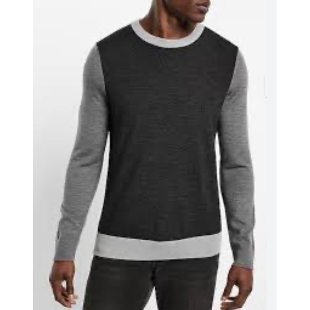 Express Men's Gray Colorblock Merino Wool Crew Neck Sweater Size Medium $88